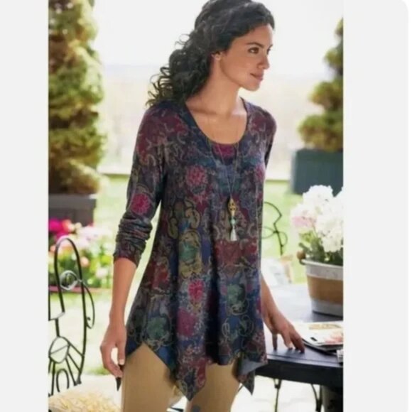 Soft Surroundings Poppy Field Tunic Top Sweater Paisley Floral Fairy size L Boho - Picture 12 of 12